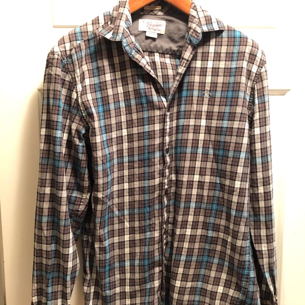 Penguin by Munsing Wear Blue and Brown Men’s Plaid Shirt, Size M